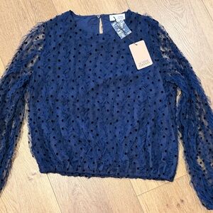 Zara Navy Textured Polka Dot Blouse